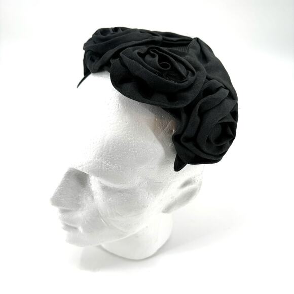 Black Fascinator Fabric Rosettes Over Mesh Form VTG Headwear main image 10